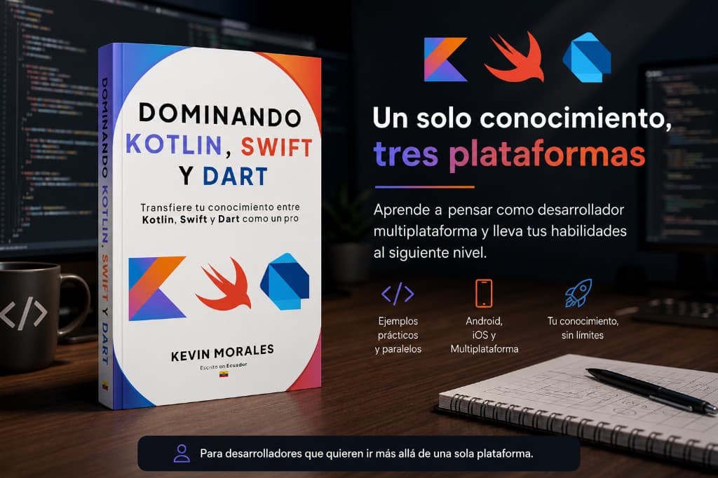 Promotional artwork for Dominando Kotlin, Swift y Dart: book mockup on a desk with benefit copy for multi-platform developers.